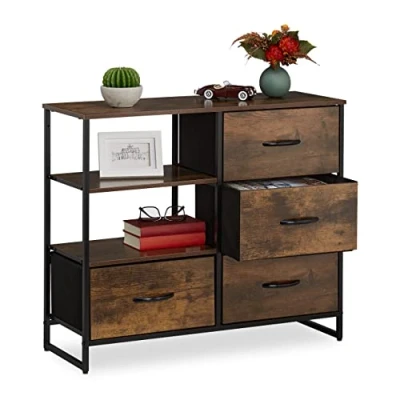 Imagen de Relaxdays Cómoda 4 Cajones 2 Baldas, Tela, Metal, Efecto Madera, Estilo Industrial, Marrón y Negro, Tablero de Fibras, 71,5 x 84 32,5 cm Aprox