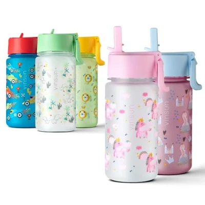 Imagen de VINSUN Botella Agua Niños Unicornio con Pajita 500ml Tritan sin BPA, prueba de fugas, reutilizable Cantimplora Infantil rosa para Guardería, Escuela, Deporte