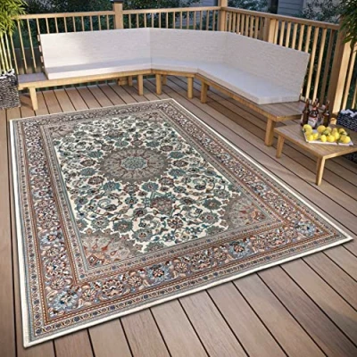 Imagen de Hanse Home Kadi Alfombra Oriental para Interior y Exterior, Tejido Plano Oriental, diseño clásico, Öko Tex Resistente a la Intemperie los Rayos UV, balcón, terraza, jardín, Crema