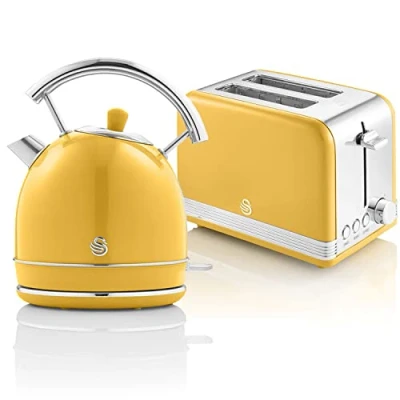 Imagen de Swan Retro Set Desayuno Hervidor de Agua 1,8L Inalámbrico con Resistencia Acero Inoxidable, Tostadora Pan Ranura Ancha 2 Rebanadas, Regulador 6 Niveles Tostado, Diseño Vintage, Amarillo