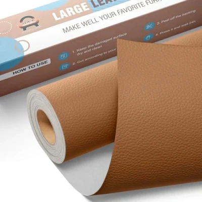 Imagen de Polipiel Adhesiva para Tapizar Grande, Cuero Adhesivo 40 x 80 cm, Kit de Parche Reparación Autoadhesivo Asientos Automóviles, Sofás, Sillas, Billeteras Marrón claro
