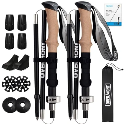 Imagen de Overmont Bastones para Caminar, Paquete de 2 Plegables Aluminio Mujeres y Hombres con Sistema Bloqueo rápido, 7075, Plegables, ultraligeros Senderismo, Camping,