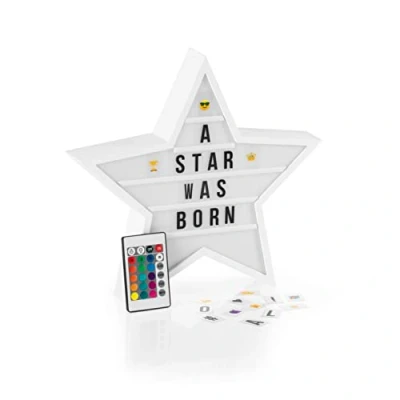 Imagen de EASYmaxx Caja de luz LED para mensajes texto personalizados Mega Set con 150 emojis colores y 173 letras, números símbolos intercambiables [estrella]