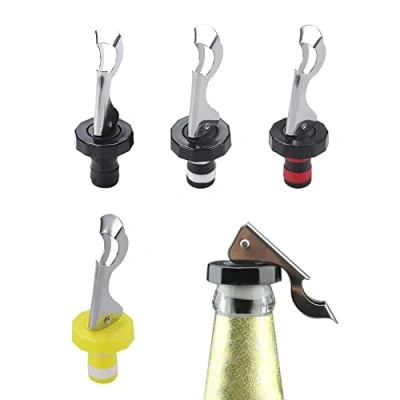Imagen de 4 tapones de sellado seguro botellas vino, vino sellados a prueba fugas y presión, acero inoxidable, utilizados para sellar tinto
