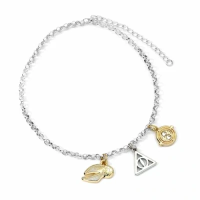 Imagen de Harry Potter Pulsera con tres abalorios: serpiente dorada, reliquias de la muerte y giratiempos, talla única, Zinc