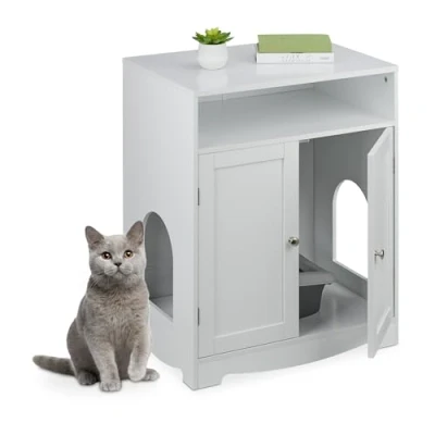 Imagen de Relaxdays Mueble Arenero de Gato, Armario con 2 Entradas, Compartimento Abierto, 73,5 x 60 43,5 cm, Refugio, Blanco, Tablero Fibras