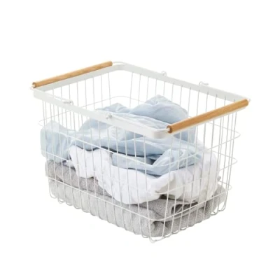Imagen de Yamazaki 2809 TOSCA Cesta para la colada mediana, blanco, Acero/Madera, minimalista, 41.5 x 31 27 cm
