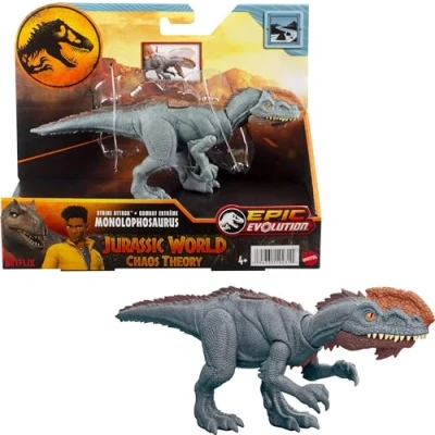 Imagen de Mattel Jurassic World Strike Attack Juguete de dinosaurio con acción un solo golpe y articulaciones móviles, figura monolofosaurio incluye juego digital