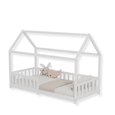 Imagen de ecomi® Cama Infantil con protección anticaídas y somier, de casa Cuna 90 x 200/80 160 cm en Blanco/Natural para niños (Blanco, 80x160)