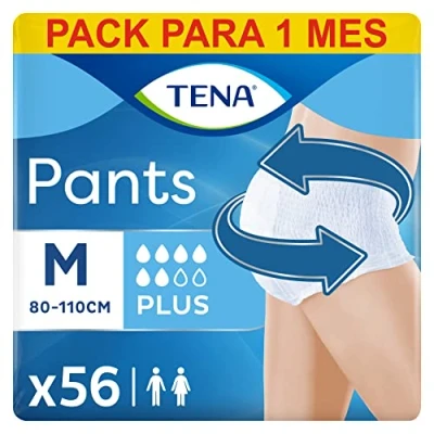 Imagen de TENA Pants Plus 4x14 Ropa Interior Absorbente para Incontinencia y Pérdidas de Orina Abundante Diseño Unisex Cómodo Transpirable 56 Braguitas Desechables Blanco Talla M Paquete Mensual