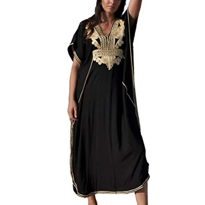 Imagen de YouKD Verano algodón Bordado Floral Suelto caftán Boho Playa Bikini Cubrir Vestido Talla Grande Bata para Mujer