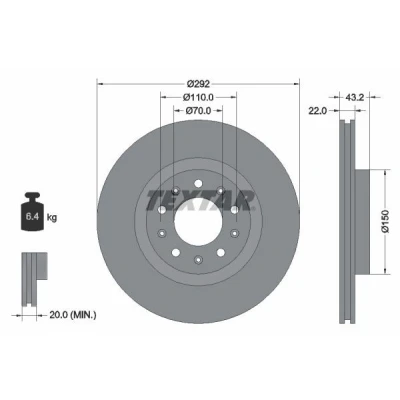 Imagen de TEXTAR PRO 92221103 Disco de freno 292 22 05/10 110 ventilación interna revestido sin perno sujeción rueda, buje rueda