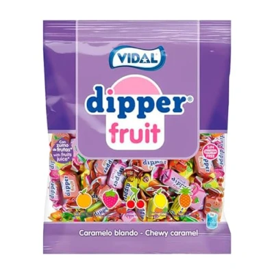 Imagen de Dipper Vidal Golosinas Fruit. Caramelo blando masticable con zumo de frutas. Sabores frutales: piña, limón, naranja, fresa y cereza. Bolsa 1kg.