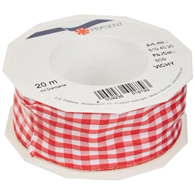 Imagen de C.E. Pattberg Präsent Rollo de cinta con alambre (tafetán, 40 mm x 20 m), diseño cuadros, color rojo y blanco