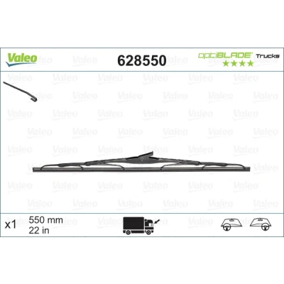 Imagen de Limpiaparabrisas Valeo Optiblade Trucks 628550 550mm ambos lados Estándar sujeción por gancho VOLKSWAGEN: Multivan 5 (7HM, Transporter Bus