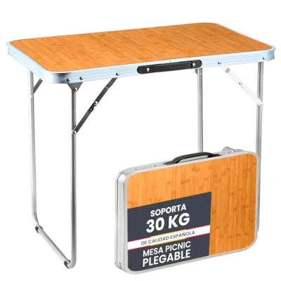 Imagen de unycos Mesa Plegable de Camping con Asa Transporte 70x50x60 cm Mesita Pícnic Portátil Multiusos en Aluminio y MDF Cierre Seguridad para Interior/Exterior, Playa, Jardín (Madera)