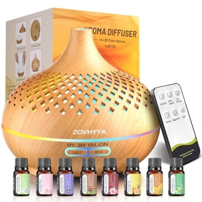 Imagen de ZOVHYYA 500ML Difusor de Aroma Máquina Aromaterapia con 14 LED Humidificadores Control Remoto 4 Temporizador 2 Patrones Pulverización
