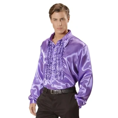 Imagen de WIDMANN 01180 Camisa Estilo Disco Años 70, Hombre Adulto, Confeccionada En Raso, con Volantes, Carnaval, Disco, Talla XXL, Color Morado