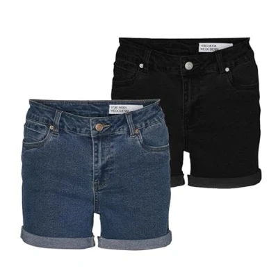 Imagen de VERO MODA Pantalones Cortos Vmluna Mr Fold Mix Ga Noos, Pack de 2 (Medium Blue Denim/Negro), XL