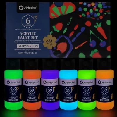 Imagen de Artecho Pinturas Acrilicas Fluorescente Luminosas 6 x 59 ml, Neon en la Oscuridad, Glow in The Dark, para Lienzos, Textil, Madera, Cristal, Piedras.