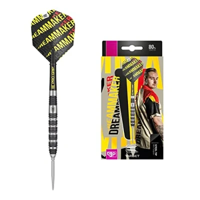Imagen de TARGET Dimitri Van Den Bergh Dream Maker Juego de Dardos Punta Suiza (80% tungsteno) Acero, Unisex, Negro, Amarillo y Rojo, 26 g
