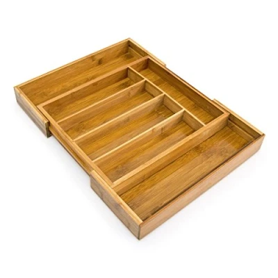 Imagen de Relaxdays bandeja para cubiertos de bambú, 5 a 7 compartimentos, ajustable el cajón, ancho 31,5 49 cm, natural