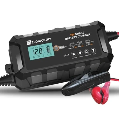 Imagen de ECO WORTHY Cargador de batería Coche 10 A, 12 V, Mantenimiento con activación la Litio para Coche, camión, Motocicleta, cortacésped, Barco,