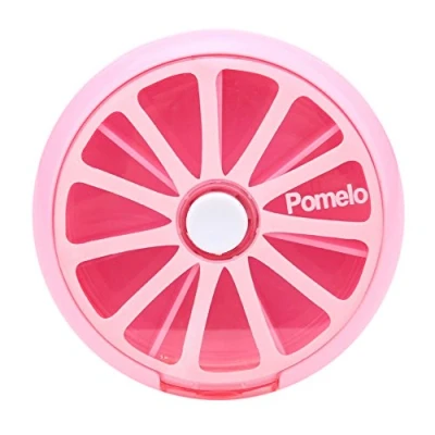 Imagen de SHOP STORY Pastillero semanal cítrico con botón de distribución para 7 días Pill Box Dispensador compartimentos almacenamiento medicamentos pomelo rosa