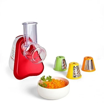 Imagen de Moulinex Fresh Express DJ7535 Rallador eléctrico con 3 Funciones en 1, 200 W, cortar rodajas o tiras y rallar, conos distintos, Plástico, Rojo/Blanco