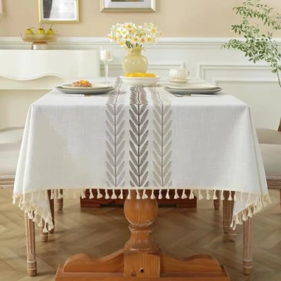 Imagen de Pahajim Mantel Mesa Rectangular Lino Algodon Antimanchas Diseño de borlas Estilo Moderno para Decoración la Comedor(140x220cm)