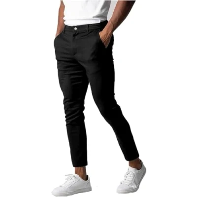 Imagen de Bizgent Active pantalones chinos para hombre, básicos, casuales, ajustados, elásticos, con parte delantera plana, de vestir Negro, 27 32