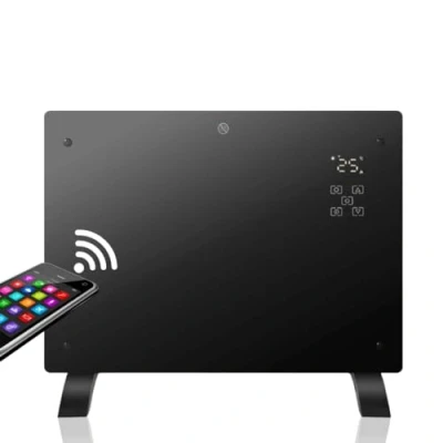 Imagen de Radiador Eléctrico de cristal templado, Bajo Consumo, calor al instante, Power Smart Heater, 1500w, WIFI, Termostato, Temporizador, Soporte pie, Protección sobrecalentamiento, Silencioso, negro