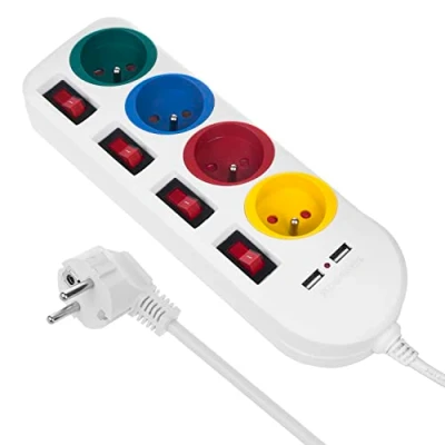 Imagen de Maclean MCE229 W Alargador Regleta de Enchufes Cable Prolongación 4 Tomas + 2xUSB con Interruptores, 250VAC/10A, 2,1A 5V, 1,5m (White)