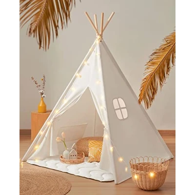 Imagen de Tiny Land Tienda de campaña Interior para niños Tipo Tipi con Manta Acolchada, Cadena Luces y Bolsa Almacenamiento, Lona niños, casa Juegos Exterior