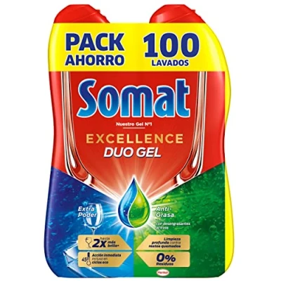 Imagen de Somat Excellence Gel Anti Grasa, detergente lavavajillas desengrasante, líquido en botella 50x2, 100 lavados