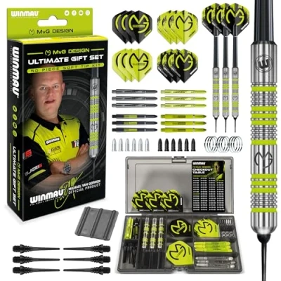 Imagen de WINMAU Michael van Gerwen MvG juego de dardos punta blanda, 50 piezas con 4 juegos puntas, plumas y accesorios