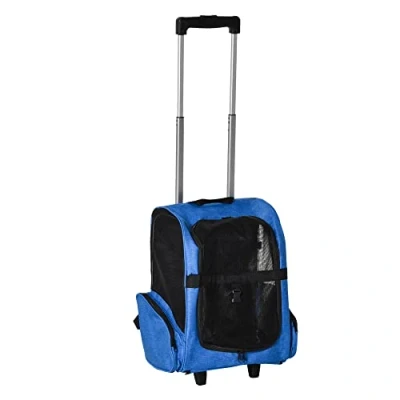 Imagen de PawHut Transportín Carrito para Mascotas 2 en 1 Mochila de Viaje con Ruedas Perros Gatos Asa Retráctil Aluminio y Bolsillos Almacenaje 42x25x55 cm Azul