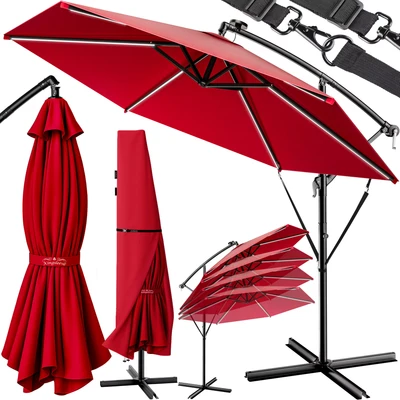 Imagen de Kingsleeve® Sombrilla de Jardín Parasol Rojo 330cm Manivela Luces LED Protección UV80+ Seguro Antiviento Funda Protectora