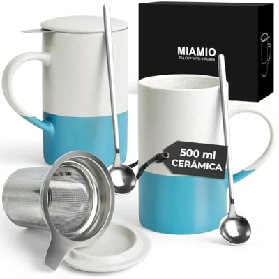 Imagen de MIAMIO Juego de tazas té 2 x 500 ml con infusor y tapa/Taza cerámica cuchara para remojar hojas sueltas Apto microondas lav (Azul)