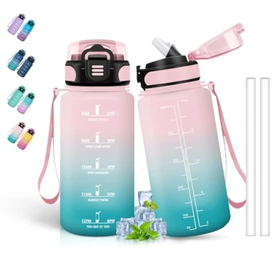 Imagen de Botella Agua 500ml, Niños, A Prueba de Fugas, con Pajita, Botellas Niños Colegio, Reutilizable, Cantimplora Infantil para la Escuela, Oficina, Viajar, Rosa Verde