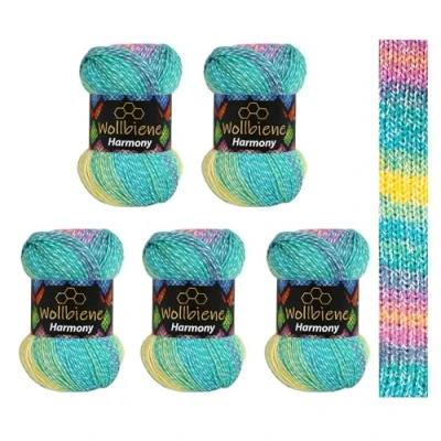 Imagen de Wollbiene Harmony Batik 8030 5 ovillos de 100 g con degradado color, 30% algodón, multicolor, para todo el año, 500 g, color turquesa, verde, amarillo y morado