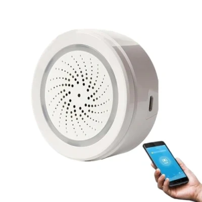 Imagen de Alarma de sirena WiFi, inteligente para Tuya con sensor temperatura y humedad, volumen ajustable 3 niveles, función control remoto