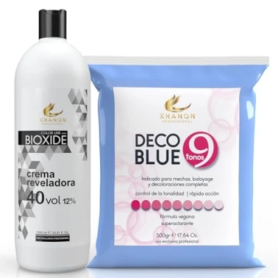 Imagen de Pack Oxigenada en Crema 1000ml 40 Vol + Polvos Decolorantes de Cabello Azul 9 tonos 500gr Fórmula Vegana Superaclarante Xhanon Professional