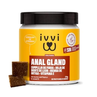 Imagen de ivvi Anal Gland Snacks para apoyar la Salud de Las glándulas anales en Perros. Contiene Calabaza, psyllium, Lino, Diente león, ortiga y prebióticos. 60 (270g) con Mantequilla maní