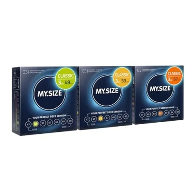 Imagen de MY.SIZE Classic Condones paquete de prueba 3 unidades I Ancho 49, 53, 57 mm 3x3 preservativos premium extra delgados ultra sensibles y delicados Grosor 0,07 veganos