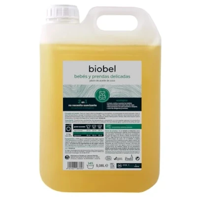 Imagen de Biobel Jabón de Aceite Coco 100% Natural Limpia, Cuida y Suaviza los Tejidos Ideal para Bebés Pieles Sensibles Con Extracto Aloe Vera Apto Lavar a Mano o Máquina 5 L