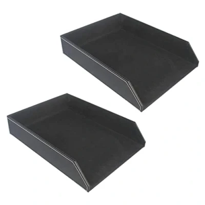 Imagen de Fegtrty 2 bandejas de piel sintética para cartas, organizador escritorio documentos, apilable, bandeja documentos oficina (negro)