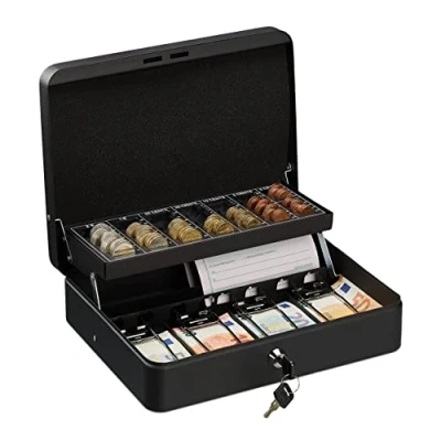 Imagen de Relaxdays Caja Dinero con Llave, Bandeja Monedas y 4 Compartimentos Billetes, Cajita Hierro, 8,5x30,5x24,5 cm, Negro