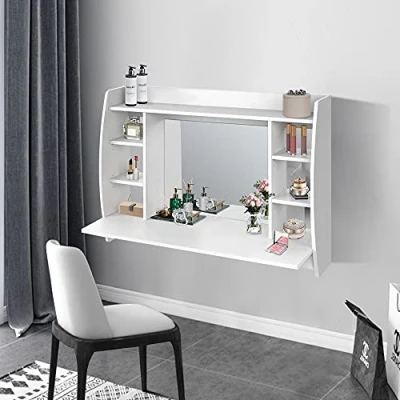 Imagen de ML Design Tocador de Maquillaje con Espejo y 6 Compartimentos Almacenamiento 110 x 75 48,5 cm Mesa Belleza Make Up Cómoda Blanca Madera MDF Mueble Cosmético Peluquería Retoques