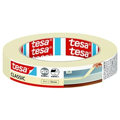 Imagen de tesa Cinta de Carrocero CLASSIC Enmascarar para Trabajos Pintura sin Disolventes, Removible dejar Residuos 50 m x 19 mm, Blanco